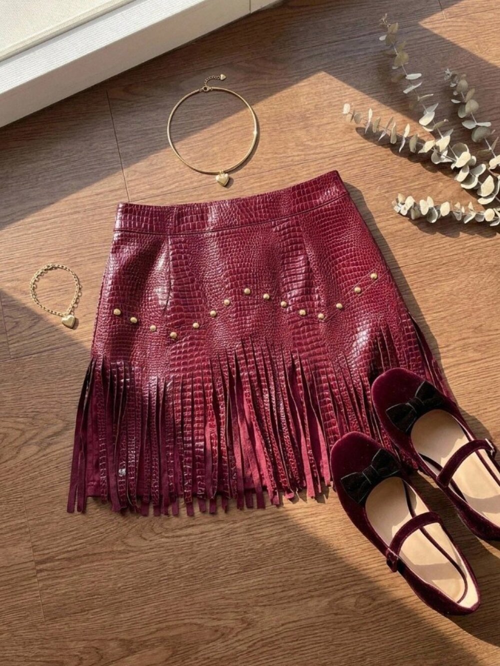 Burgundy Party Women's Tassel Hem Skirt
